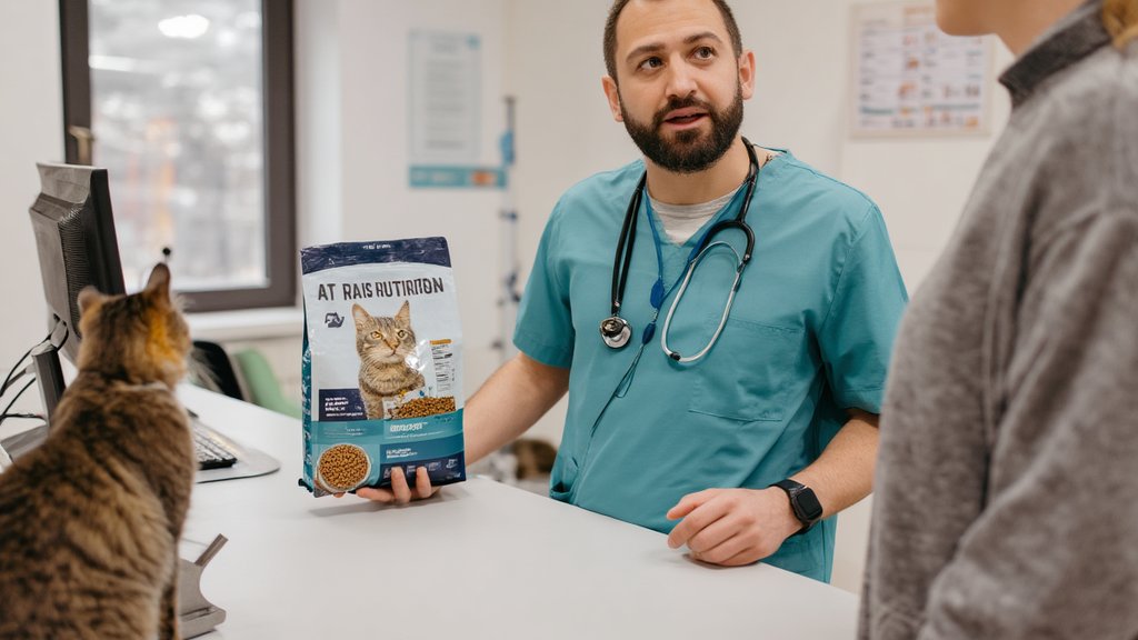 A veterinarian in teal scrubs holding a bag of dry cat food while discussing nutrition with a cat owner at a clinic counter