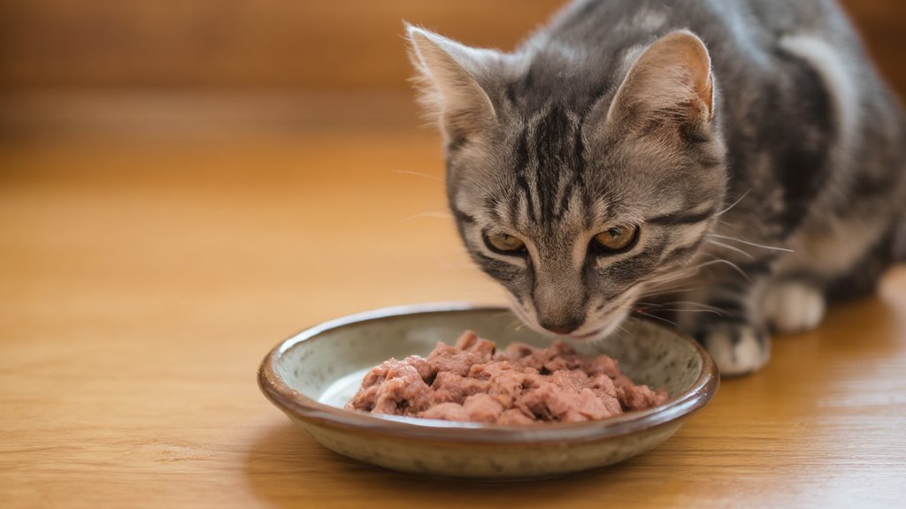 A young grey tabby cat eating wet food from a shallow ceramic dish on a wooden floor in warm afternoon light