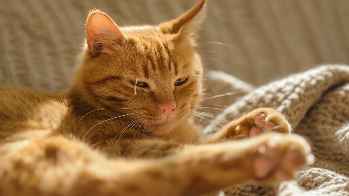 A content orange tabby cat curled on a person’s lap pressing alternating front paws downward, relaxed and trusting